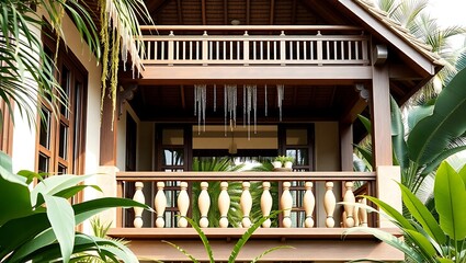 Balinese villa balcony, rain chain, tropical garden, 3D detailed render