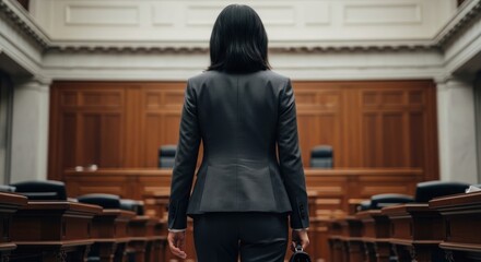 A woman in a suit walks towards a courtroom's bench and seats.