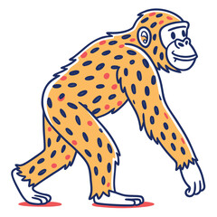 Cartoon chimpanzee illustration showcases an upright primate with a spotted coat while it walks confidently