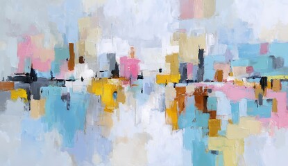 Fototapeta premium High quality photo of abstract painting with textured brushstrokes in pastel colors and geometric shapes.