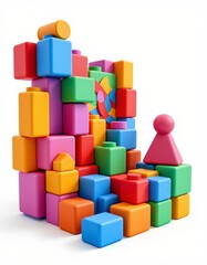 A colorful 3d rendering featuring a position of geometric shapes and structures in the form of blocks