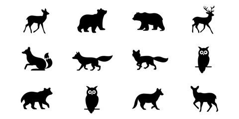 Obraz premium Wildlife animal icon set, includes deer, bear, fox, wolf, owl. Created in black silhouette style.