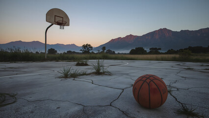 Abandoned Basketball Court, Sunset over Mountain Court, Neglected Sports Field