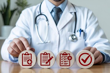 Doctor presenting wooden circles with medical icons representing patient care diagnosis treatment plan and successful outcome