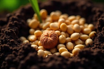Planting Seeds Close-Up of Diverse Seeds in Dark Soil, Ready for Spring Gardening