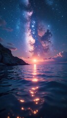 Breathtaking Cosmic Ocean Shimmering Ethereal Water Reflects Stars and Nebulae, Peaceful Fantasy Scene