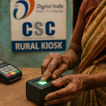 Elderly Woman Using Biometric Fingerprint Scanner at Rural CSC Kiosk in India for Digital Financial Transaction