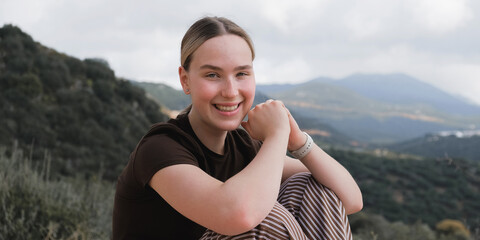 Mindful Woman Embracing Nature, Mountain Retreat, Digital Detox, Spiritual Awakening, Gen Z...