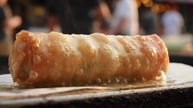 A sizzling street food close-up reveals the golden-brown perfection of a crispy spring roll, its texture and steam highlighted against a bokeh background of bustling street life