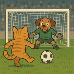 dog cat playing soccer