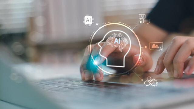 Hands typing on laptop with AI brain interface and smart icons. Concept of artificial intelligence, machine learning, automation, data processing, and next-gen digital innovation.