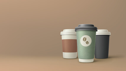 three cups of coffee stands brown back