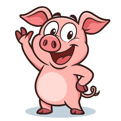 Cheerful pink pig mascot waves hello with a friendly smile cartoon