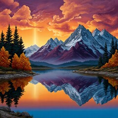 Obraz premium Majestic mountain range reflecting in a serene lake during a vibrant sunset isolated on white background