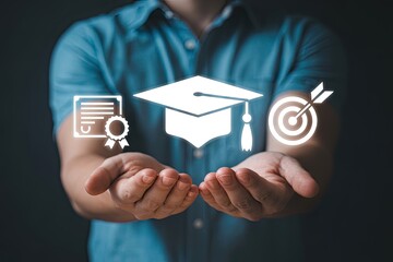 Hands holding glowing icons representing education graduation and achieving goals symbolizing success and learning achievements