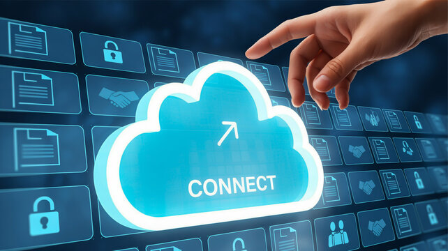 A digital illustration of cloud computing and data management concept.