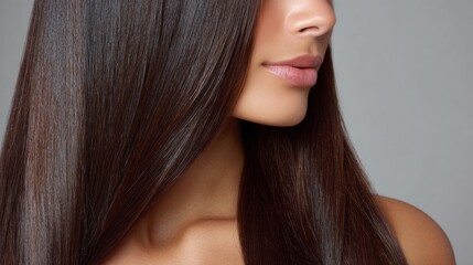 Naklejka premium A close-up of a woman with sleek, straight hair styled into a polished look, showcasing healthy shine and smooth texture against a neutral background.