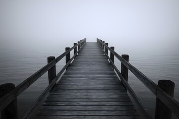 Obraz premium Pier of Tranquility: A solitary wooden pier extends serenely over calm waters, shrouded in an atmospheric mist. The scene evokes a sense of solitude and contemplation.