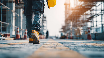 Low-angle shot of a construction worker walking on a site, hard hat in hand.