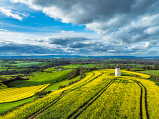 Rapeseed fields and Farms over Devon Windmill from a drone, Torquay, Devon, England