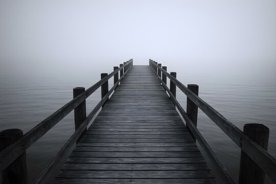 Pier of Tranquility: A solitary wooden pier extends serenely over calm waters, shrouded in an atmospheric mist. The scene evokes a sense of solitude and contemplation.