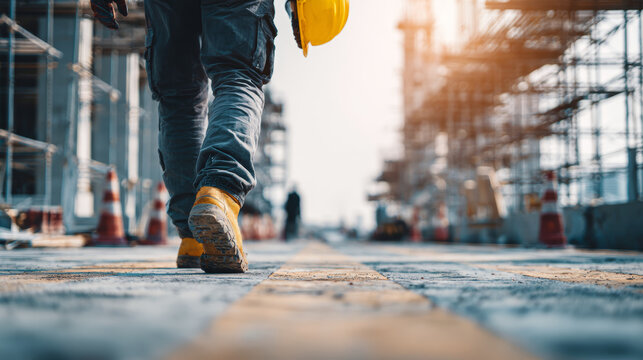 Low-angle shot of a construction worker walking on a site, hard hat in hand.