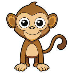 Brown cartoon monkey stands cheerfully with a sweet smile, tail, and cute eyes