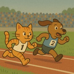 "Cartoon Cat and Dog Racing on Track"
