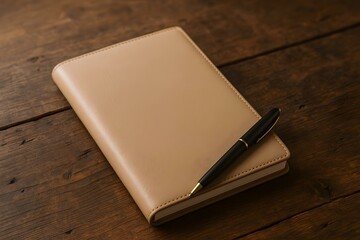 Fototapeta premium Notebook and Pen Composition: A close-up shot captures a sophisticated notebook alongside a sleek pen, set against the backdrop of a rustic wooden surface, portraying a sense of preparedness.