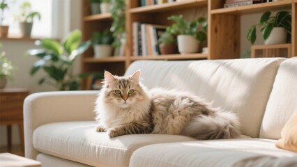 A long - haired cat lies comfortably on the sofa. The background features a bookshelf filled with green plants and books, creating a warm and healing home atmosphere.