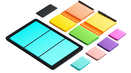 • A vibrant set of digital planner templates displayed on a tablet, isolated on white background in HD 
