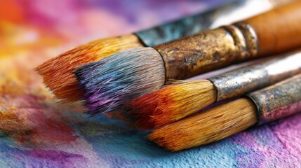 Fototapeta premium A close-up of paintbrushes and watercolor paints beside a beautifully colored artwork, capturing the transition from drawing to vibrant coloring
