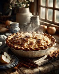 Elegant Display of a Steaming Apple Pie on an Antique Wooden Table with Radiant Golden Light in a Cozy Farmhouse Kitchen