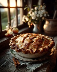 Charming Visualization of a Fresh Apple Pie on an Aged Wooden Table Highlighted by Soft Golden Rays and Rustic Cinnamon Details
