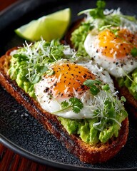 Intricate Presentation of Avocado Toast with Lime Garnish, Microgreens, and Poached Egg on a Dark Ceramic Plate with Moody and Gourmet Styling