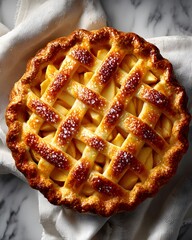 Contemporary Baking Visual: Meticulously Arranged Apple Pie on Polished Marble with Soft Lighting and Minimalist Backdrop