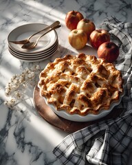 Stunning Culinary Art: Photorealistic Apple Pie on White Marble with Minimalist Elegance for Modern Baking Presentations