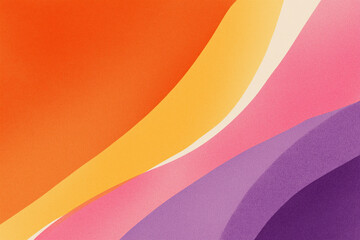 Abstract background, curved lines, simple shapes in a vibrant palette of orange, pink, and purple. Grainy texture and minimalistic flat design with clean, playful lines and a girly aesthetic.