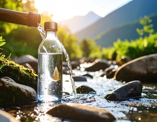 copper drinking bottle and copper cup with a natural water source in nature or in the forest