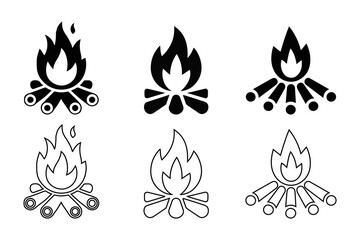 Campfire Icon Set – Bonfire and Firewood and Outline Style