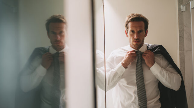 A focused businessman adjusting his tie in the mirror, ready for work.