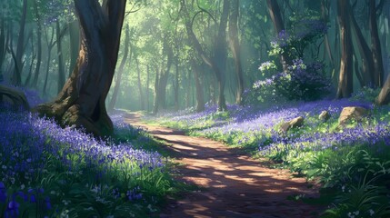 Bluebells and empty forest track in a serene forest