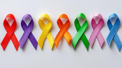 Assortment of colorful awareness ribbons representing various causes on white background.