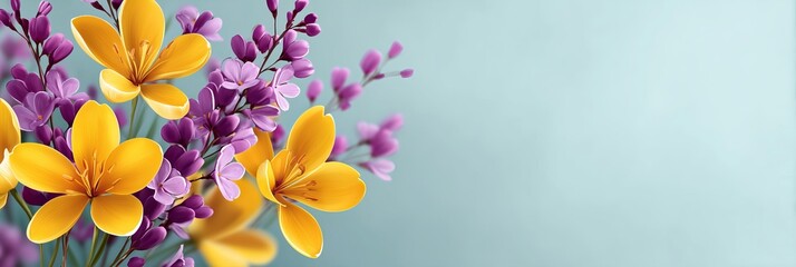 Vibrant Yellow and Purple Floral Arrangement on a Pastel Blue Background