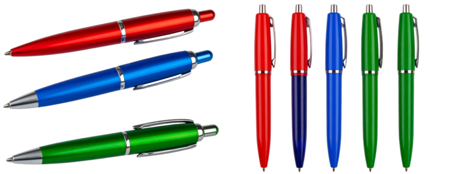 Set of Three Ballpoint Pens in Red, Blue, and Green Isolated on Transparent Background PNG - Powered by Adobe