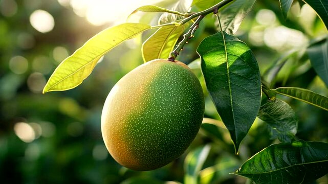 Close-up of mangoes hanging from a mango tree branch with green leaves, tropical freshness