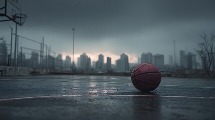 Gloomy city backdrop and lone red basketball on shining court