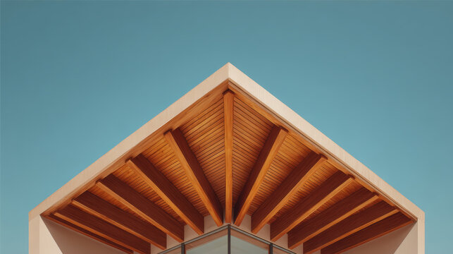 A modern architectural facade featuring a wooden ceiling with a blue sky backdrop.