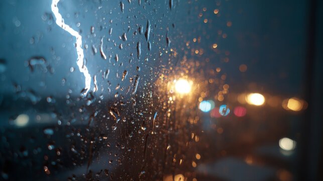 A close-up shot of a window pane with raindrops and streaks of lightning visible outside, emphasizing the storms ferocity and the safety of the indoor environment.