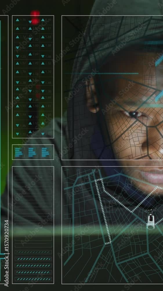Poster animation of data processing over african american male hacker with computer and computer servers